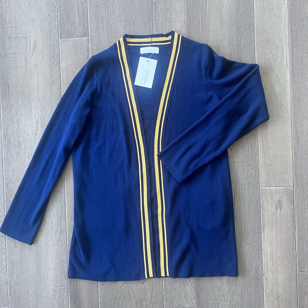 Brand New Oak + Fort Cardigan Sweater Navy Blue with yellow stripes Vasity sz M